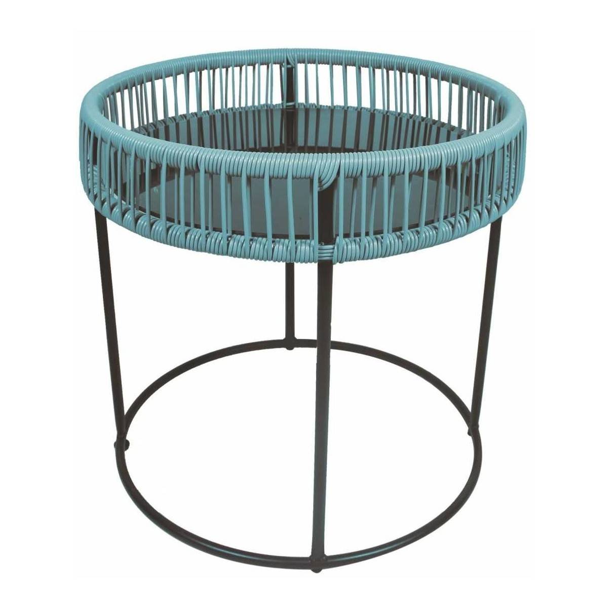 Table basse de jardin Ø50xH50cm + Plateau verre 5mm Acier et fil tressé