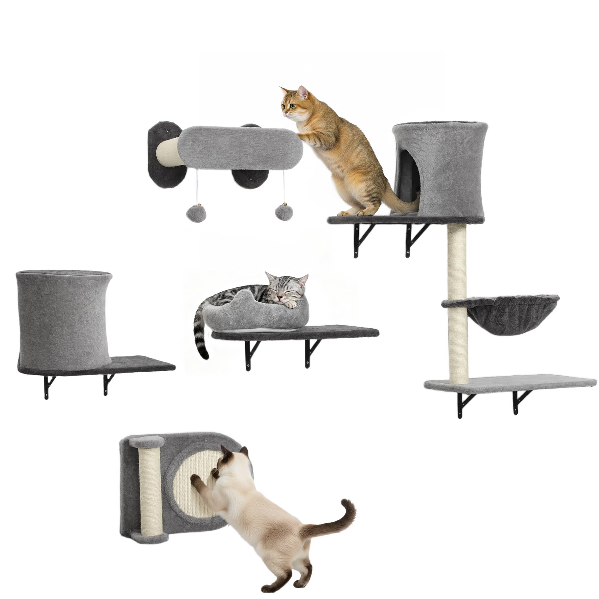 Étagères murales pour chat arbre à chat mural 5 pièces 2 niches hamac plateformes griffoirs en sisal gris - Image 1