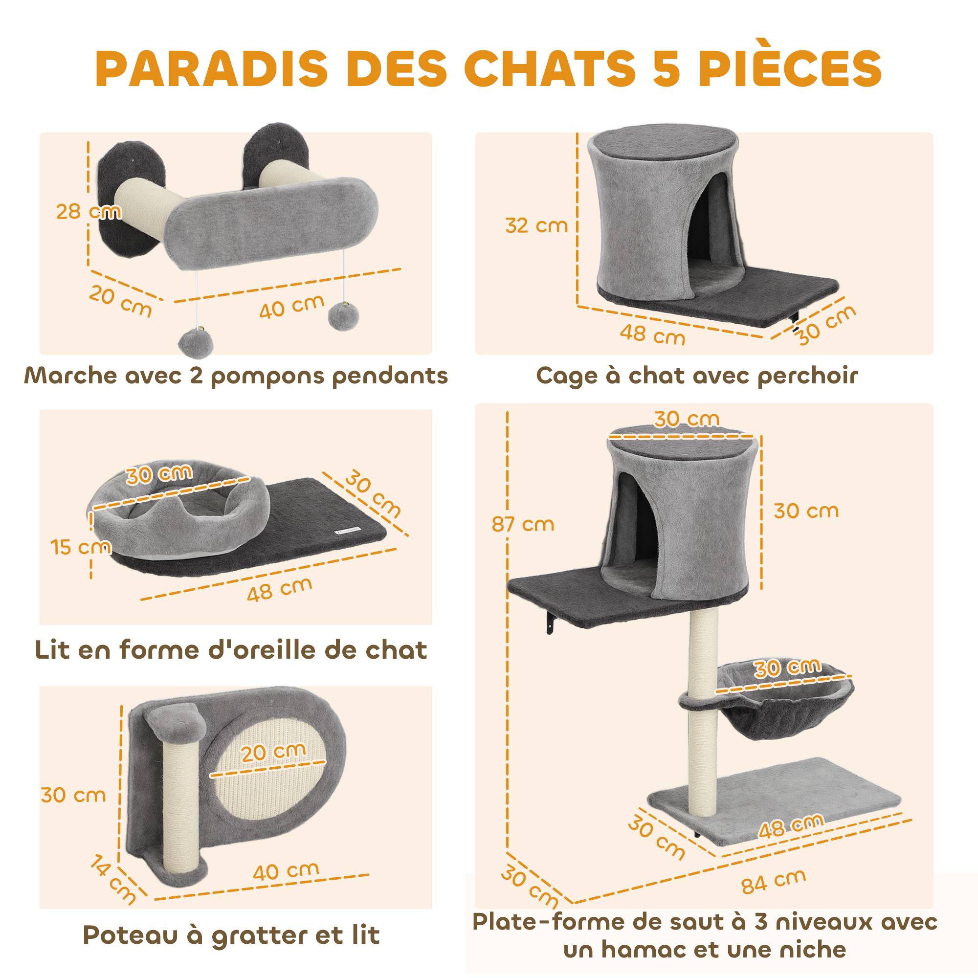 Étagères murales pour chat arbre à chat mural 5 pièces 2 niches hamac plateformes griffoirs en sisal gris - Image 5