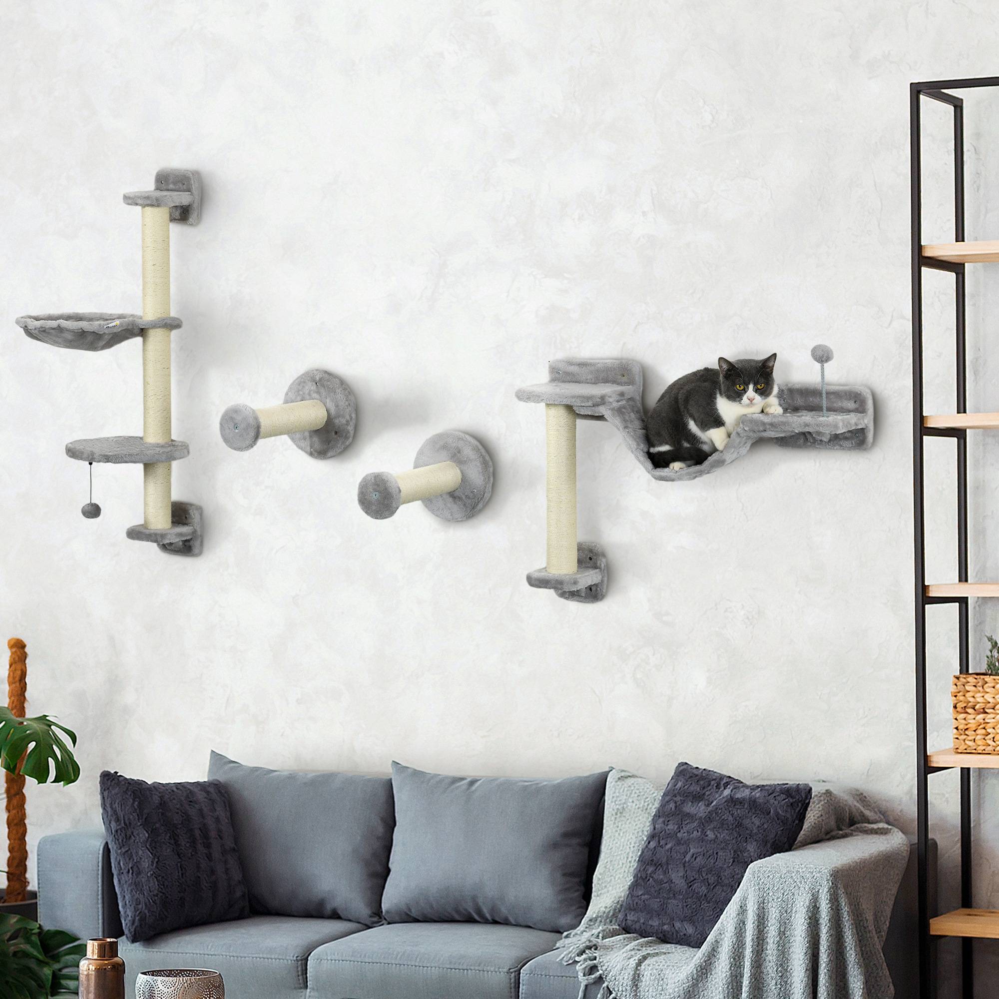 ComfortXL - Arbre chat parcours mural bois sisal pour grimper griffer jouer 4 pièces Gris - ComfortXL Outdoor Living - Image 4