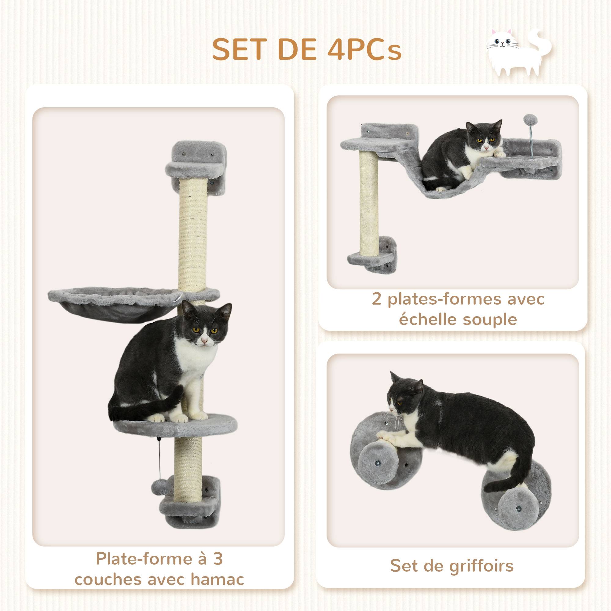 ComfortXL - Arbre chat parcours mural bois sisal pour grimper griffer jouer 4 pièces Gris - ComfortXL Outdoor Living - Image 7
