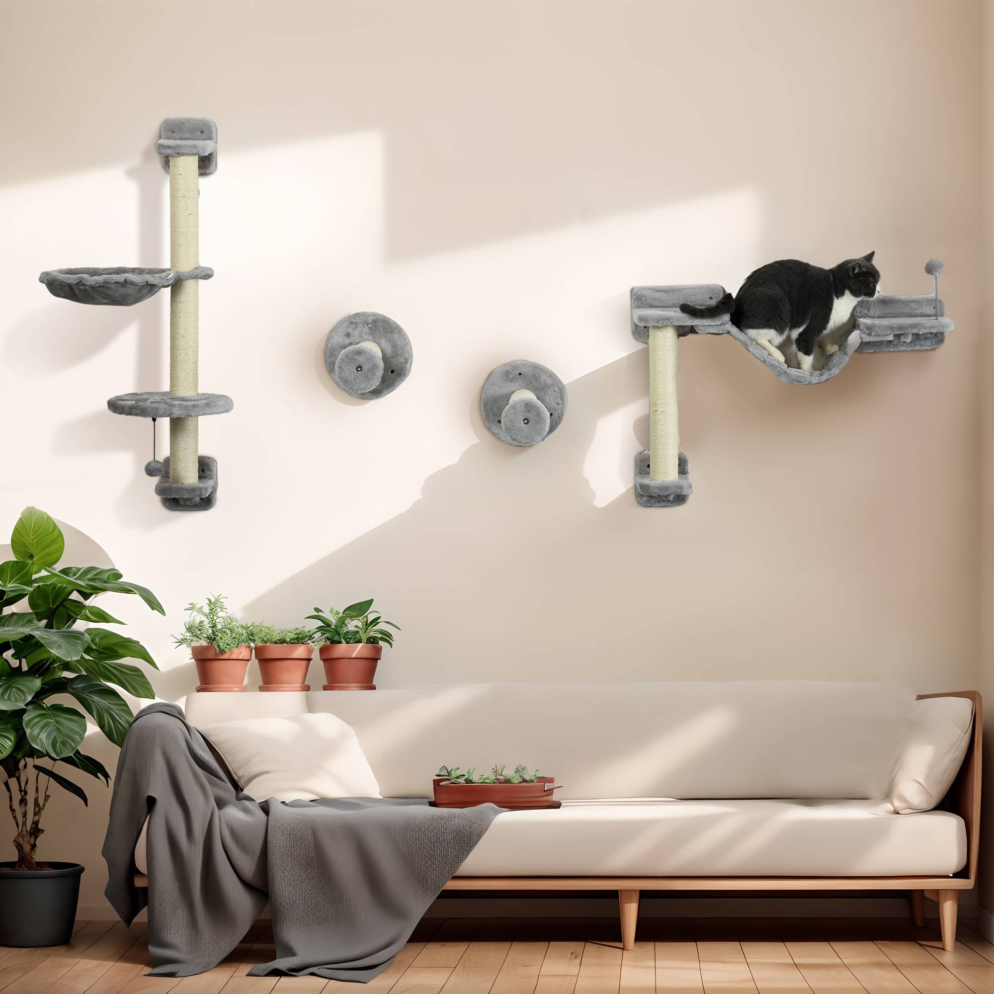 ComfortXL - Arbre chat parcours mural bois sisal pour grimper griffer jouer 4 pièces Gris - ComfortXL Outdoor Living - Image 3