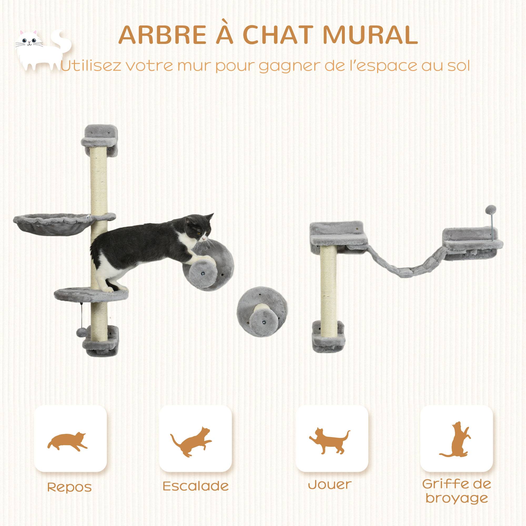 ComfortXL - Arbre chat parcours mural bois sisal pour grimper griffer jouer 4 pièces Gris - ComfortXL Outdoor Living - Image 6