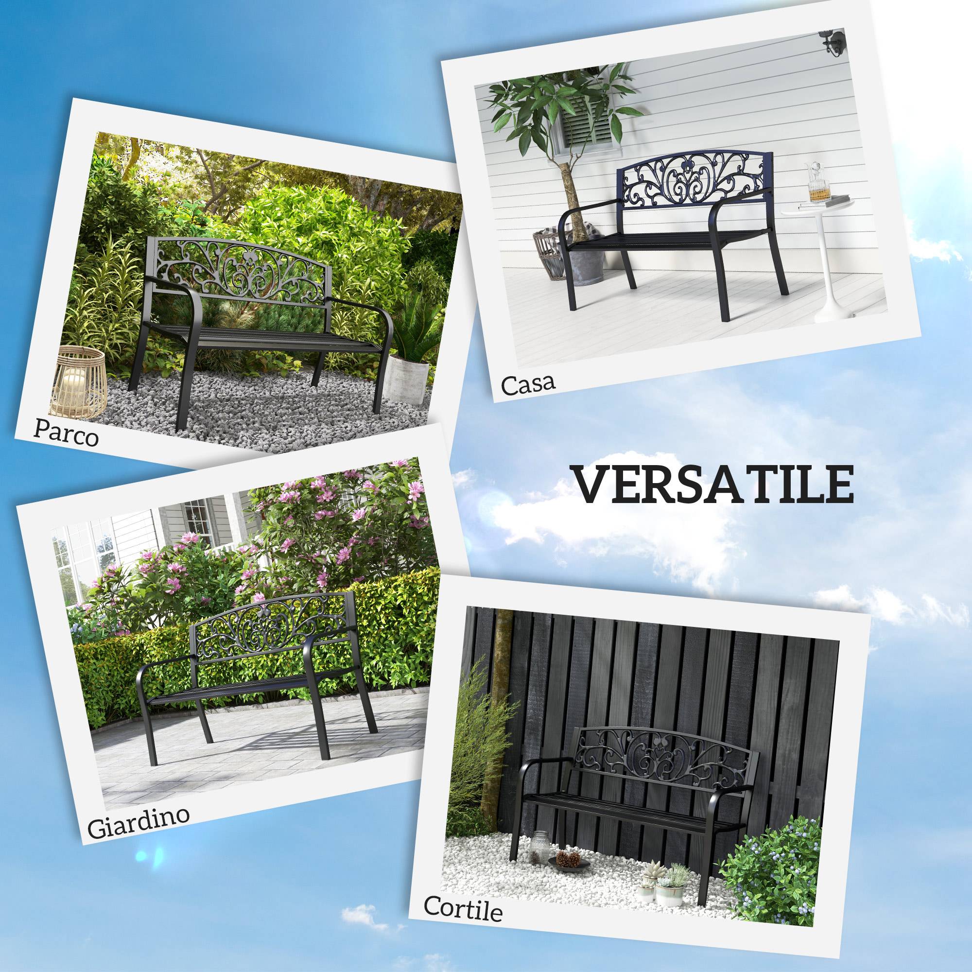 ComfortXL - Banc de jardin métal fonte extérieur terrasse dossier floral 127x60x87cm noir - ComfortXL Outdoor Living - Image 8