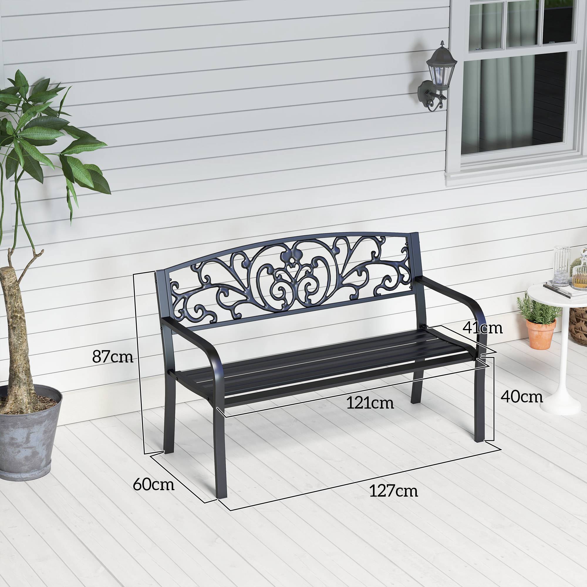 ComfortXL - Banc de jardin métal fonte extérieur terrasse dossier floral 127x60x87cm noir - ComfortXL Outdoor Living - Image 5
