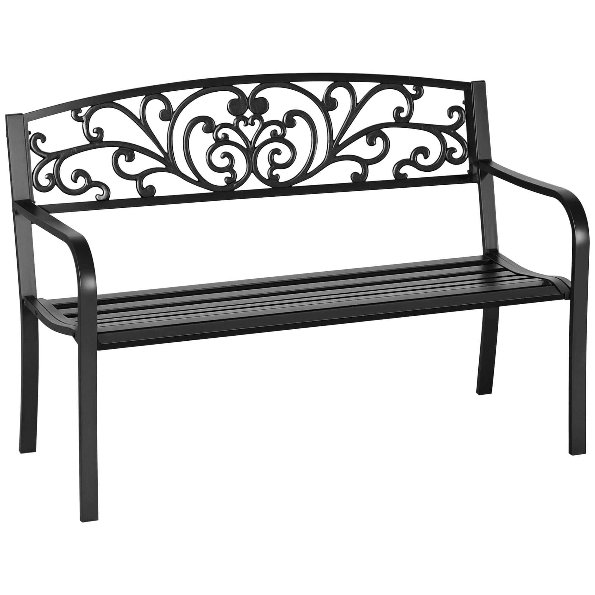 ComfortXL - Banc de jardin métal fonte extérieur terrasse dossier floral 127x60x87cm noir - ComfortXL Outdoor Living - Image 1
