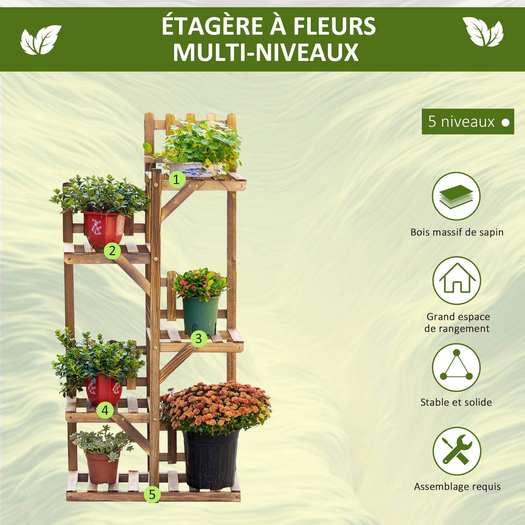 Étagère à Fleurs en Bois de Sapin Supports de Pots Porte Plante 5 tablettes Ornement Petites barrières 60 x - Image 6