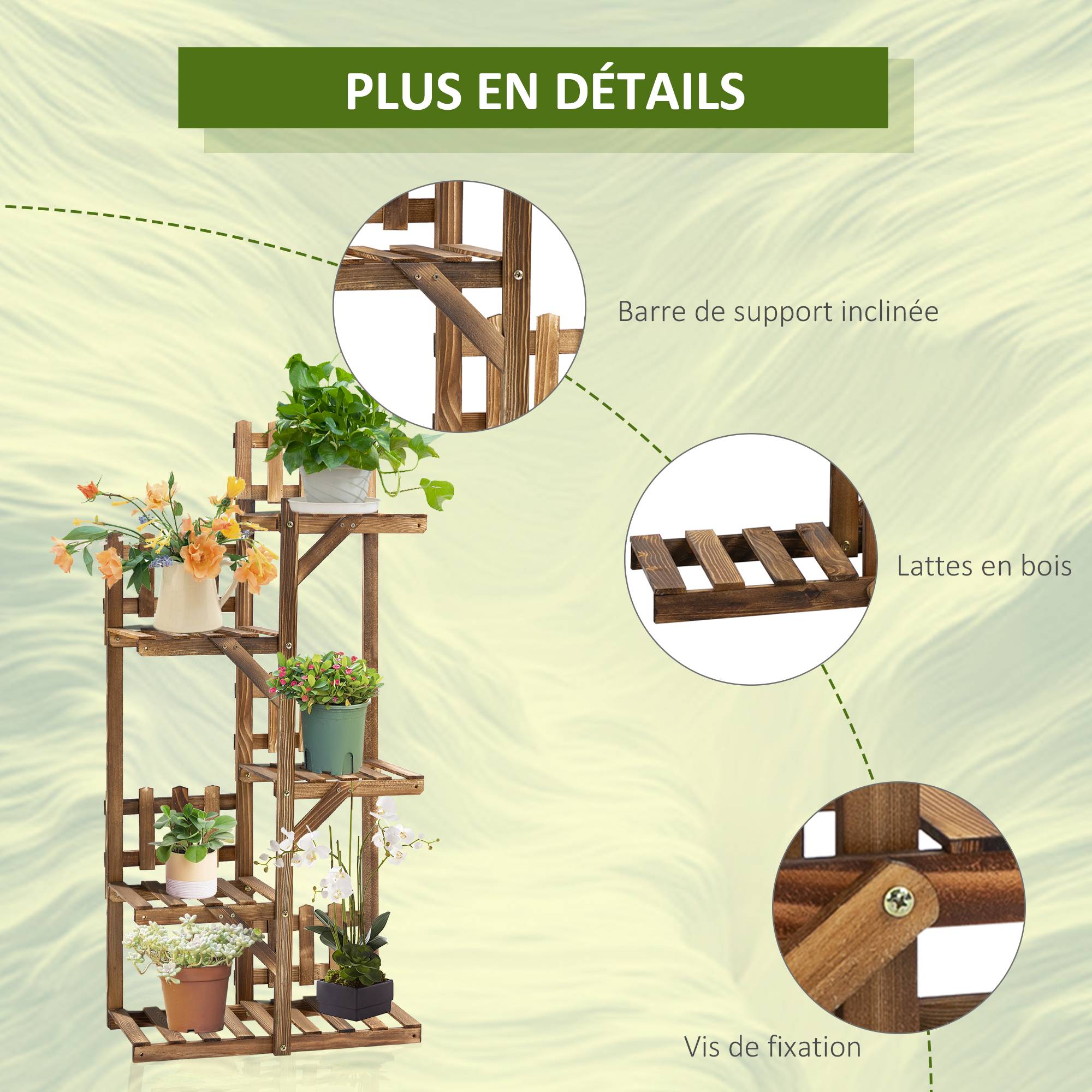 Étagère à Fleurs en Bois de Sapin Supports de Pots Porte Plante 5 tablettes Ornement Petites barrières 60 x - Image 7