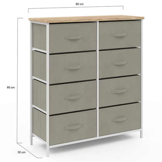 Commode 8 tiroirs en tissu ALTA 80 cm gris clair et plateau effet bois design industriel - Image 4