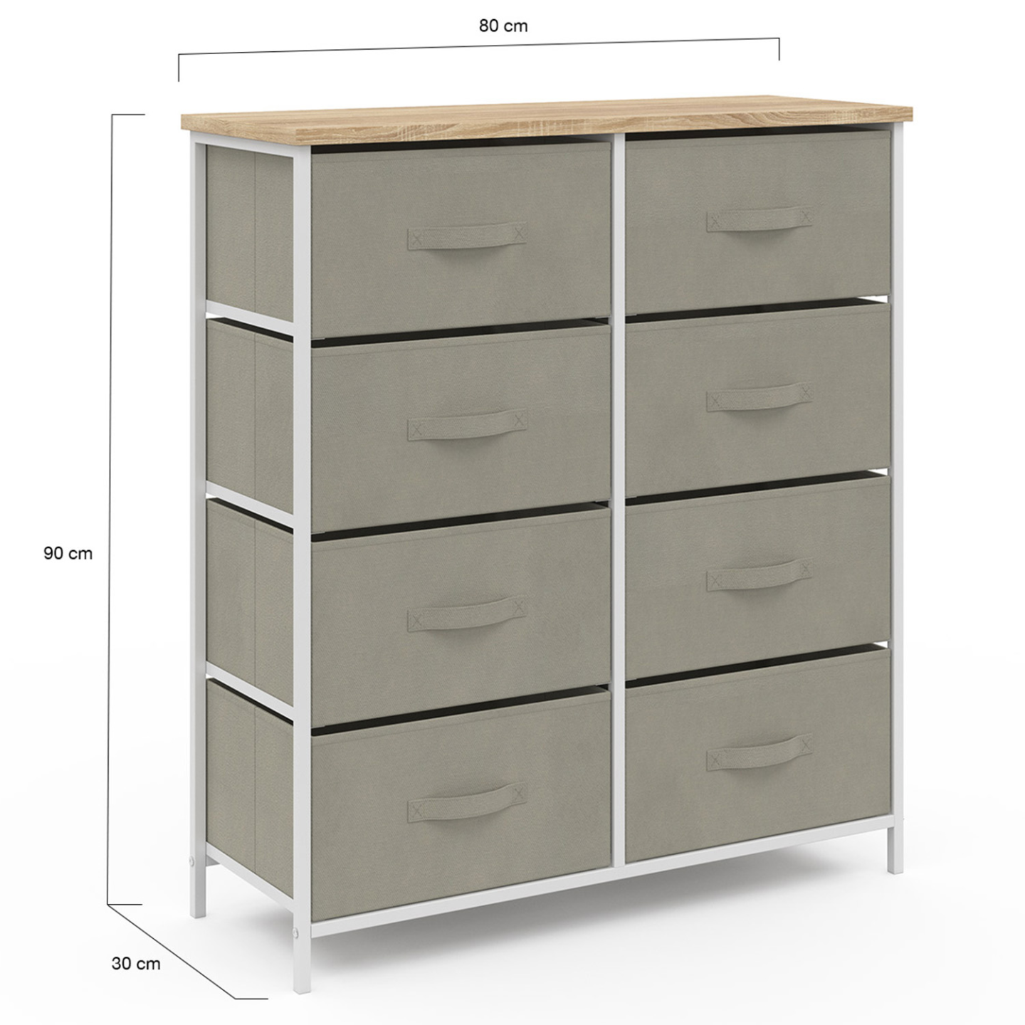 Commode 8 tiroirs en tissu ALTA 80 cm gris clair et plateau effet bois design industriel - Image 4