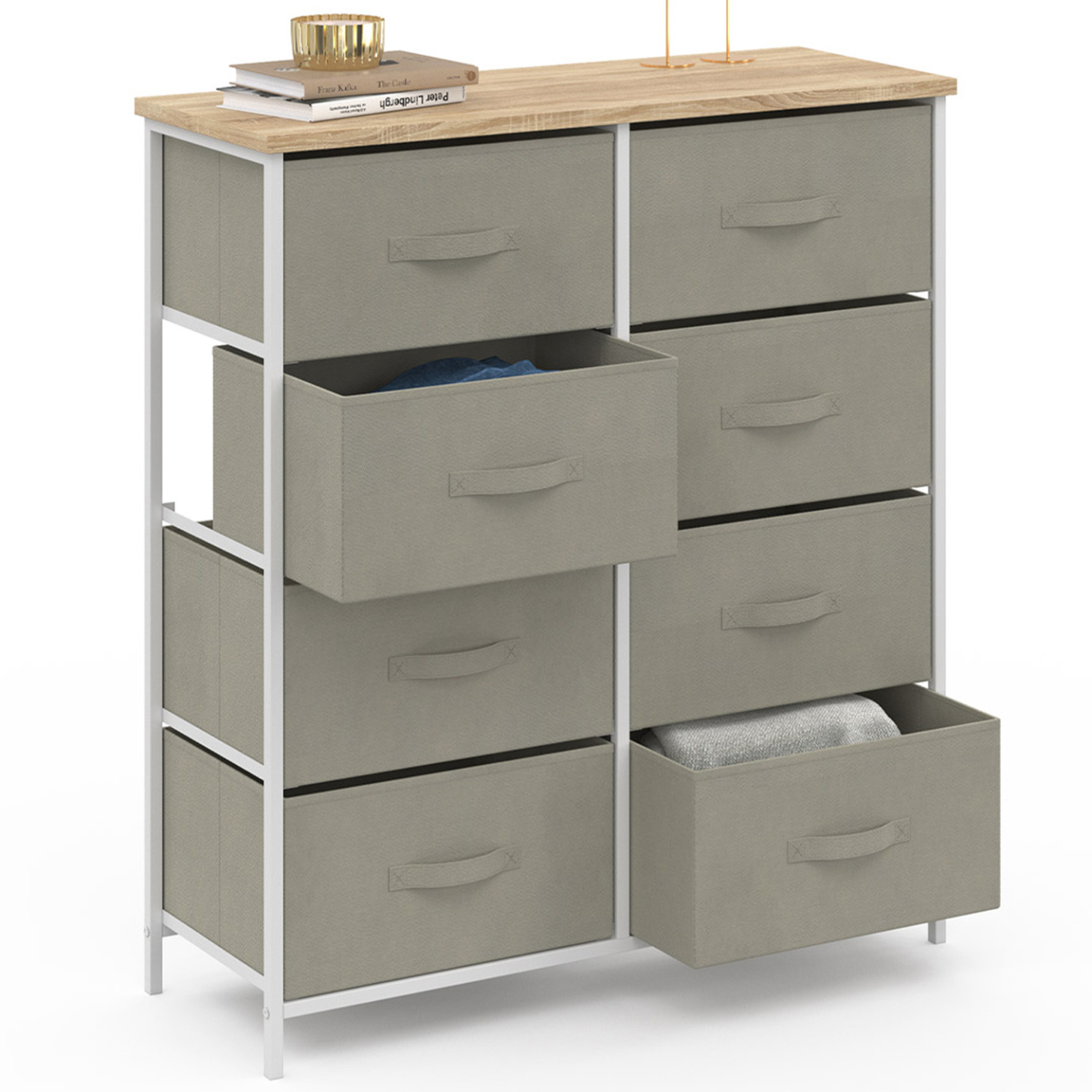 Commode 8 tiroirs en tissu ALTA 80 cm gris clair et plateau effet bois design industriel - Image 2