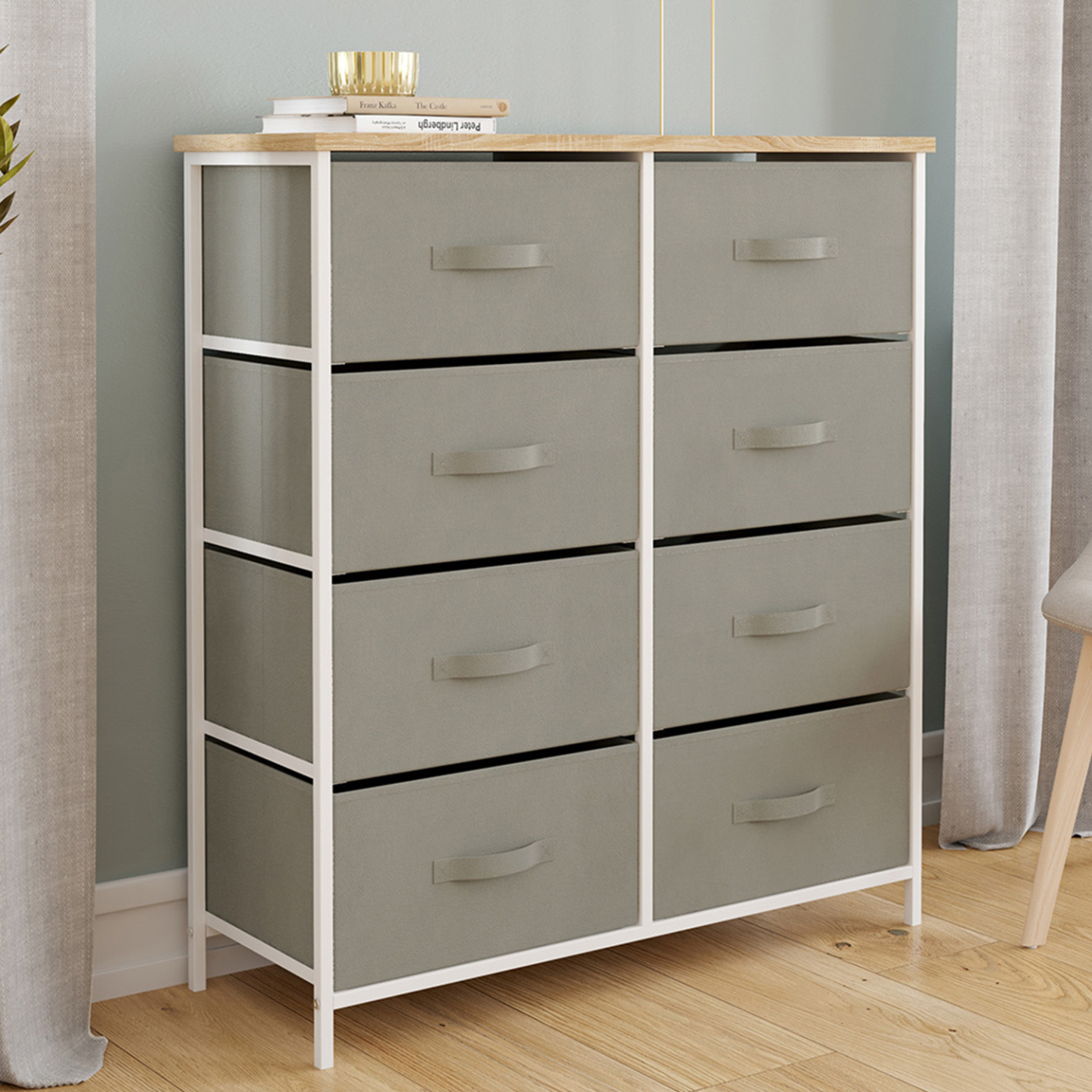 Commode 8 tiroirs en tissu ALTA 80 cm gris clair et plateau effet bois design industriel - Image 1