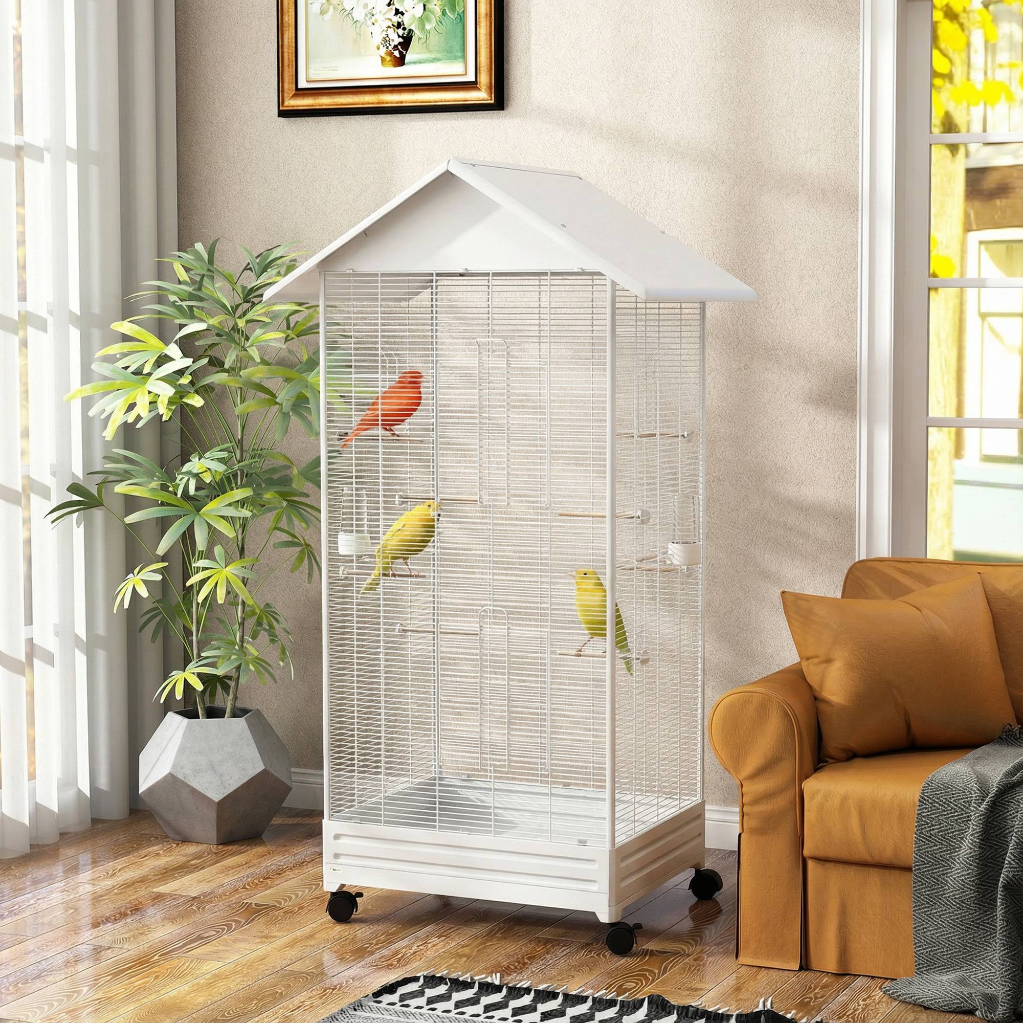 Sans Marque - Cage oiseau sur pied volière oiseaux intérieure sur roulettes 2 mangeoires 8 perchoirs 79 x 65 x 155 cm fil d'acier blanc - Image 4