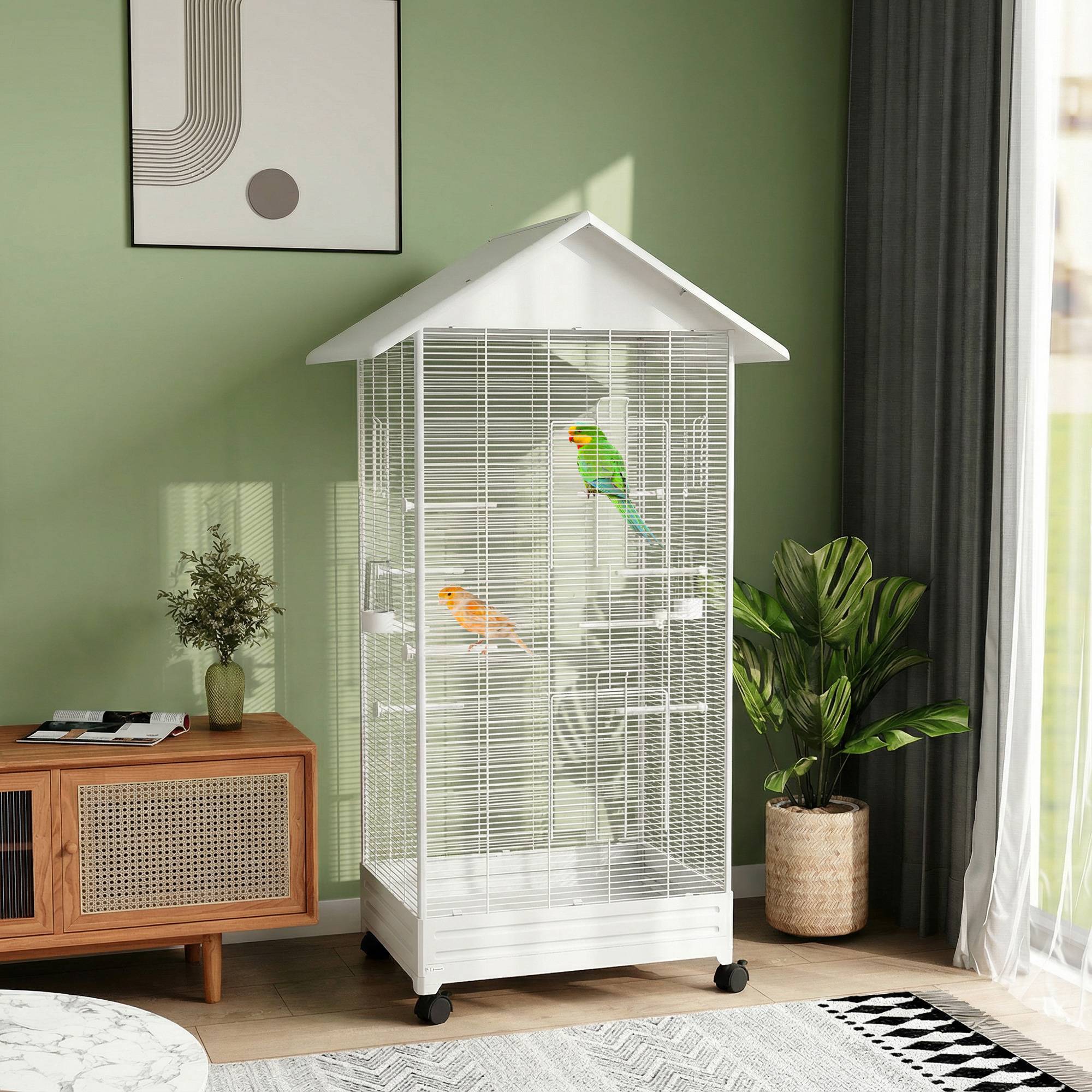 Sans Marque - Cage oiseau sur pied volière oiseaux intérieure sur roulettes 2 mangeoires 8 perchoirs 79 x 65 x 155 cm fil d'acier blanc - Image 3