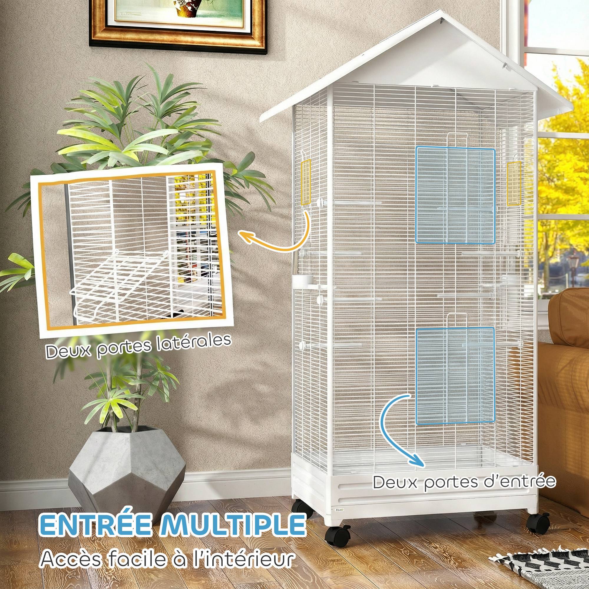 Sans Marque - Cage oiseau sur pied volière oiseaux intérieure sur roulettes 2 mangeoires 8 perchoirs 79 x 65 x 155 cm fil d'acier blanc - Image 8