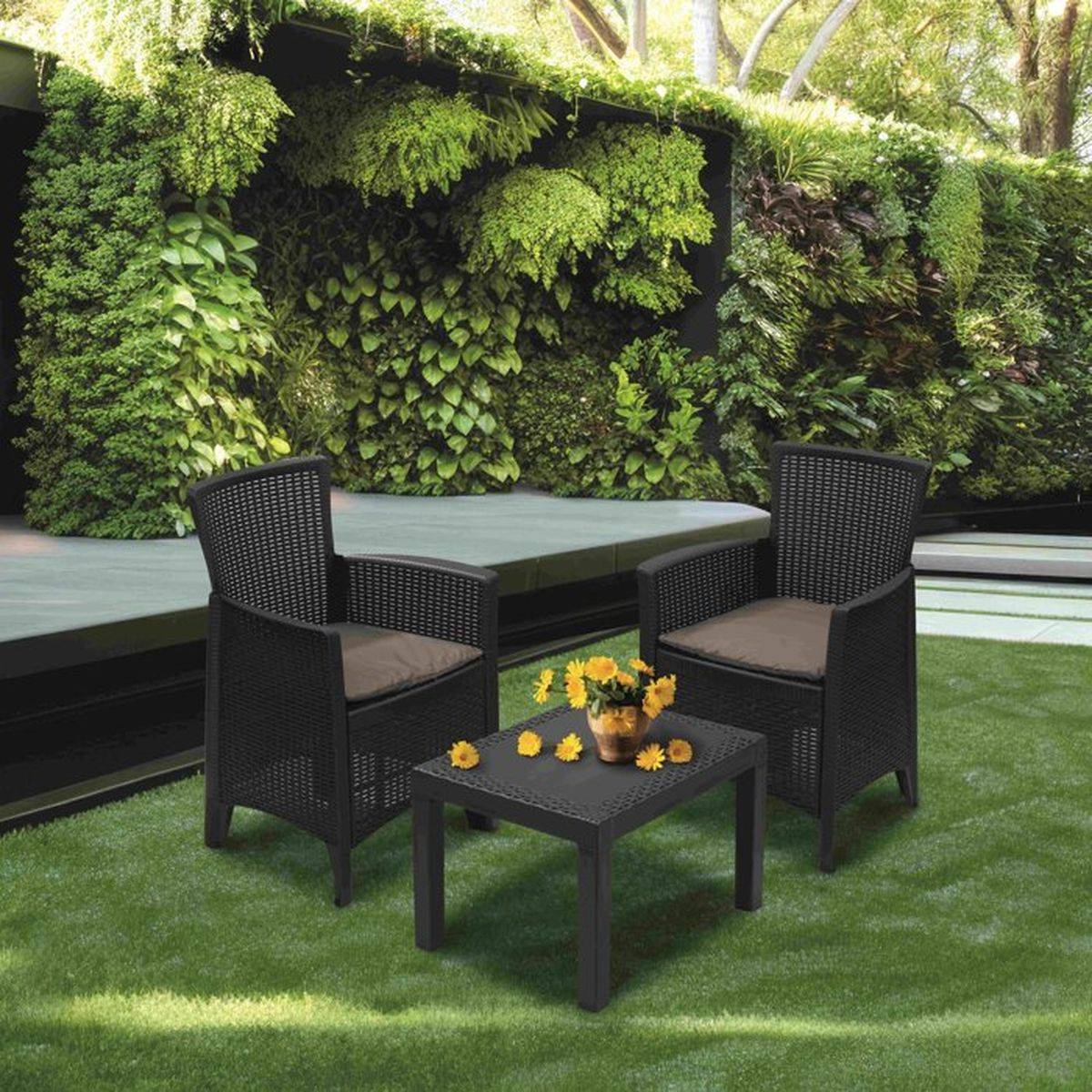 Salon bas de jardin Forest anthracite, 2 fauteuils avec coussins + table basse - IPAE PROGARDEN - Image 2