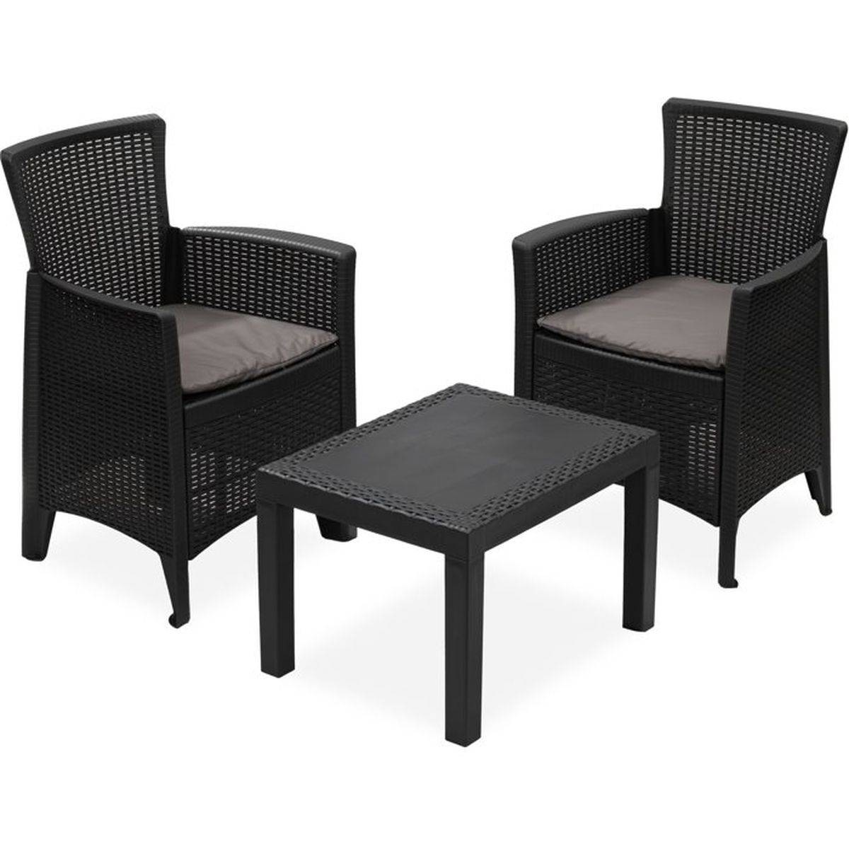 Salon bas de jardin Forest anthracite, 2 fauteuils avec coussins + table basse - IPAE PROGARDEN