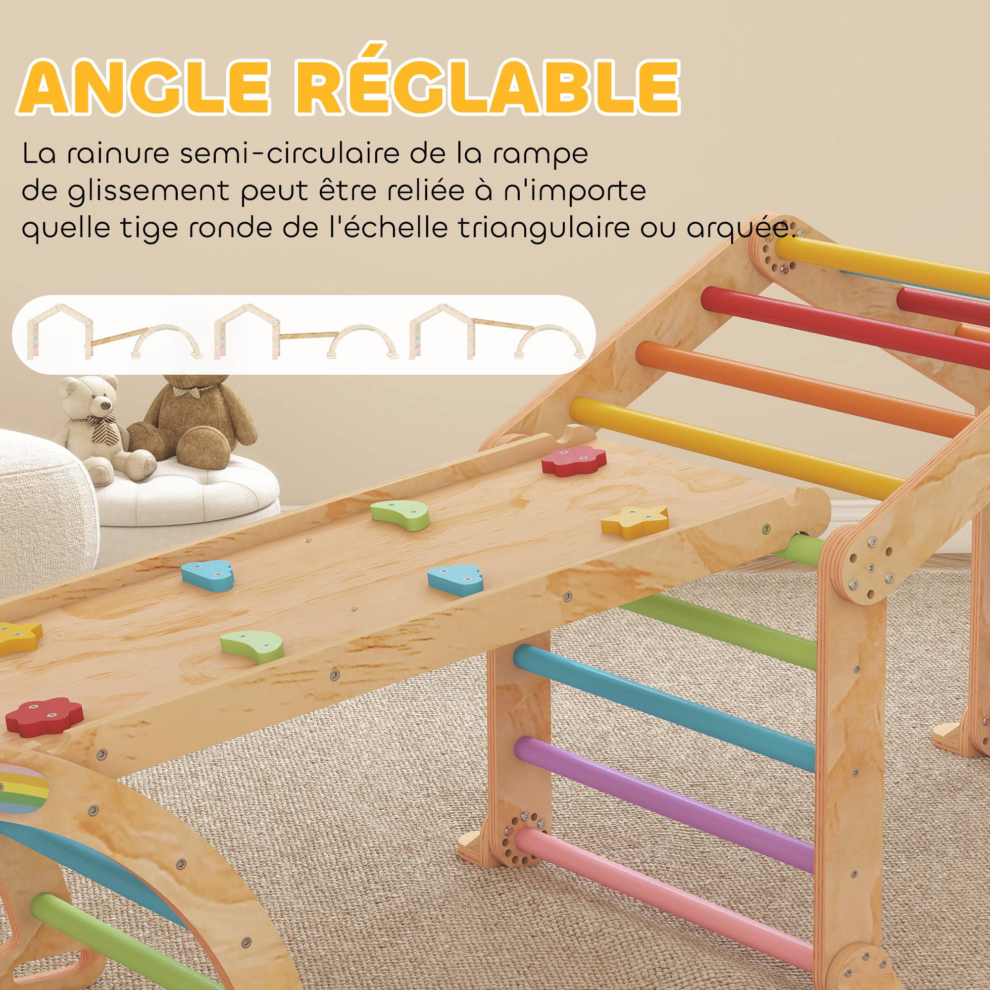Triangle d'escalade enfant avec rampe réversible toboggan bascule et structure d'escalade multicolore - Image 9