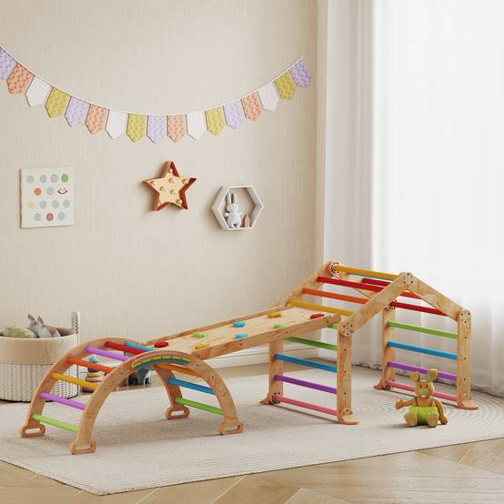 Triangle d'escalade enfant avec rampe réversible toboggan bascule et structure d'escalade multicolore - Image 4