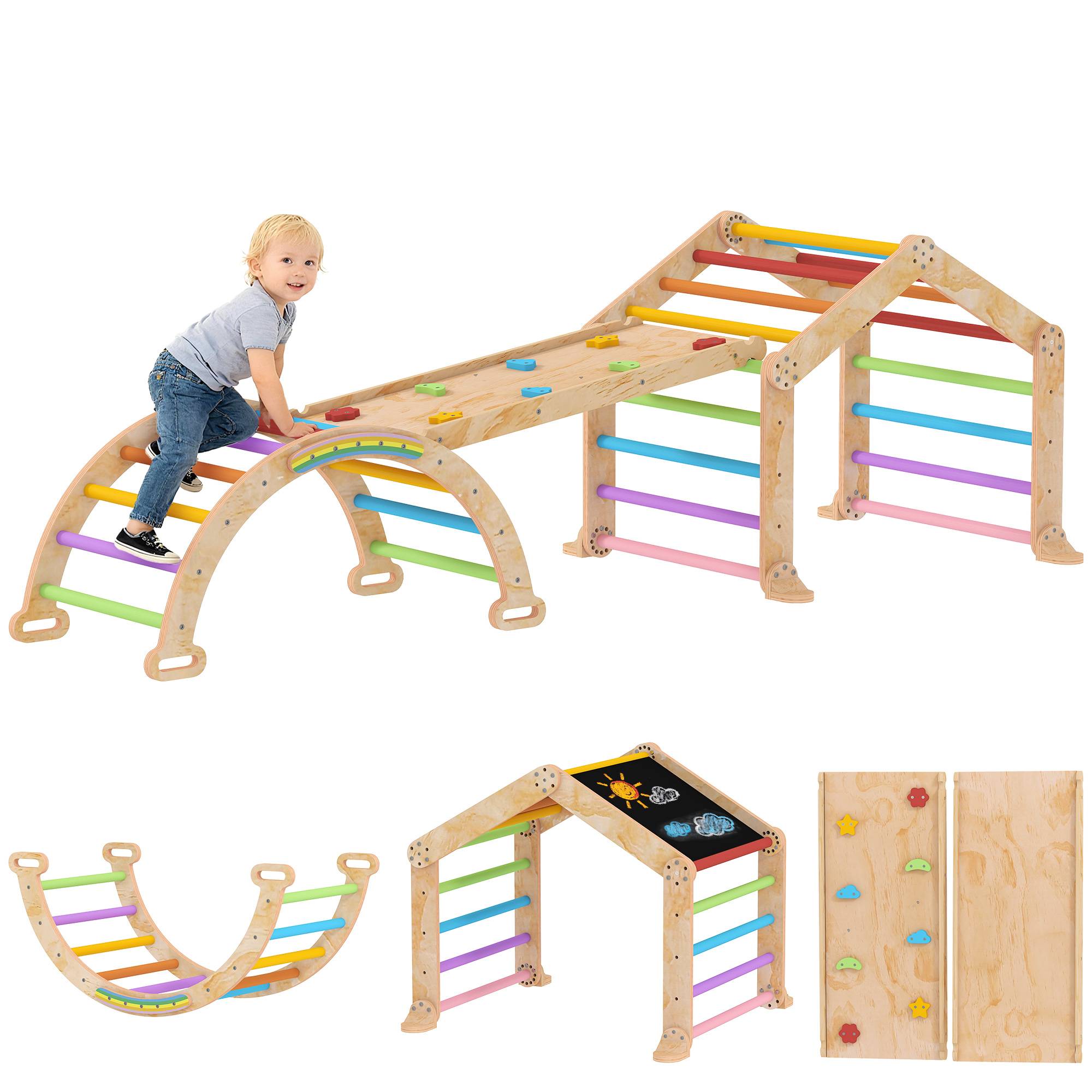 Triangle d'escalade enfant avec rampe réversible toboggan bascule et structure d'escalade multicolore