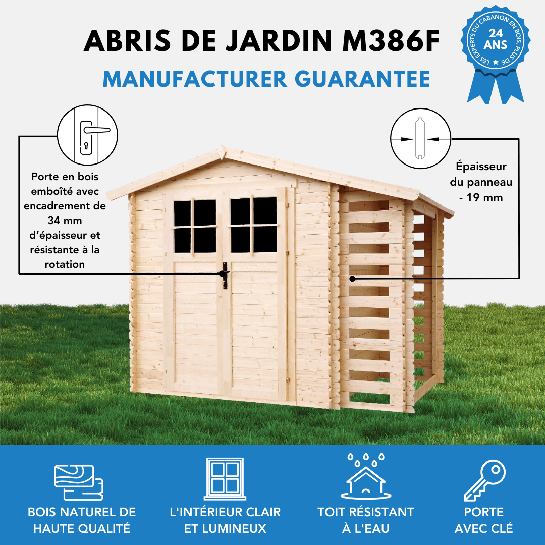Timbela - Abri de jardin en bois et range bûches I206xL272xH218 cm / 3,53+0,97 m² avec sol traité - 19 mm d’épaisseur - Timbela M386F+M386G - Image 8