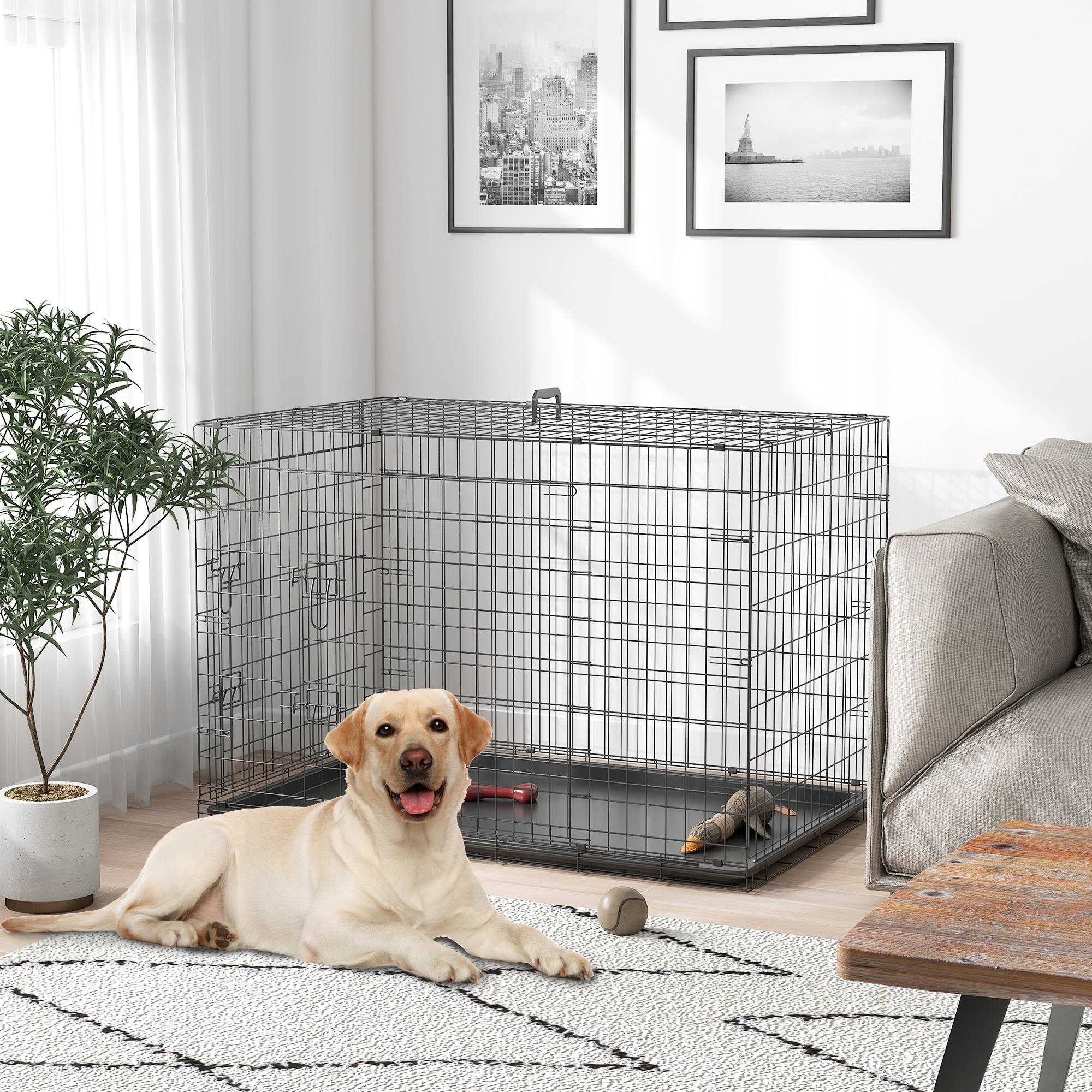 Cage pliable en acier pour animaux de compagnie avec poignée supérieure et double ouverture, 121 x 77 x 82 cm - Image 4