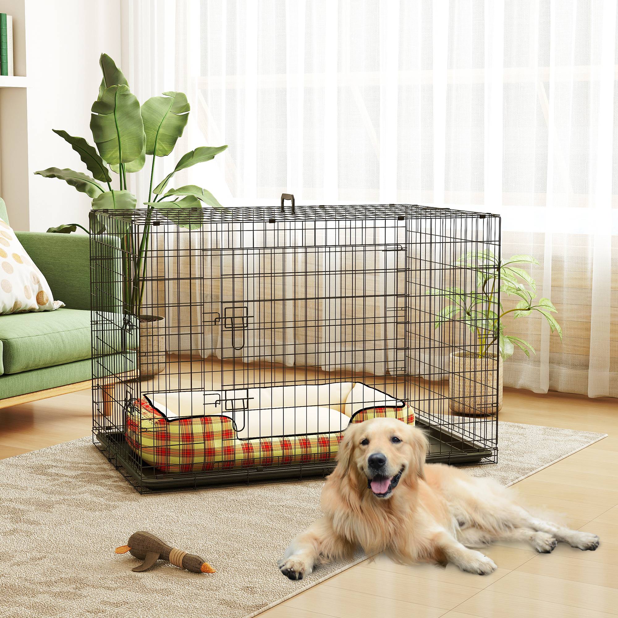 Cage pliable en acier pour animaux de compagnie avec poignée supérieure et double ouverture, 121 x 77 x 82 cm - Image 3