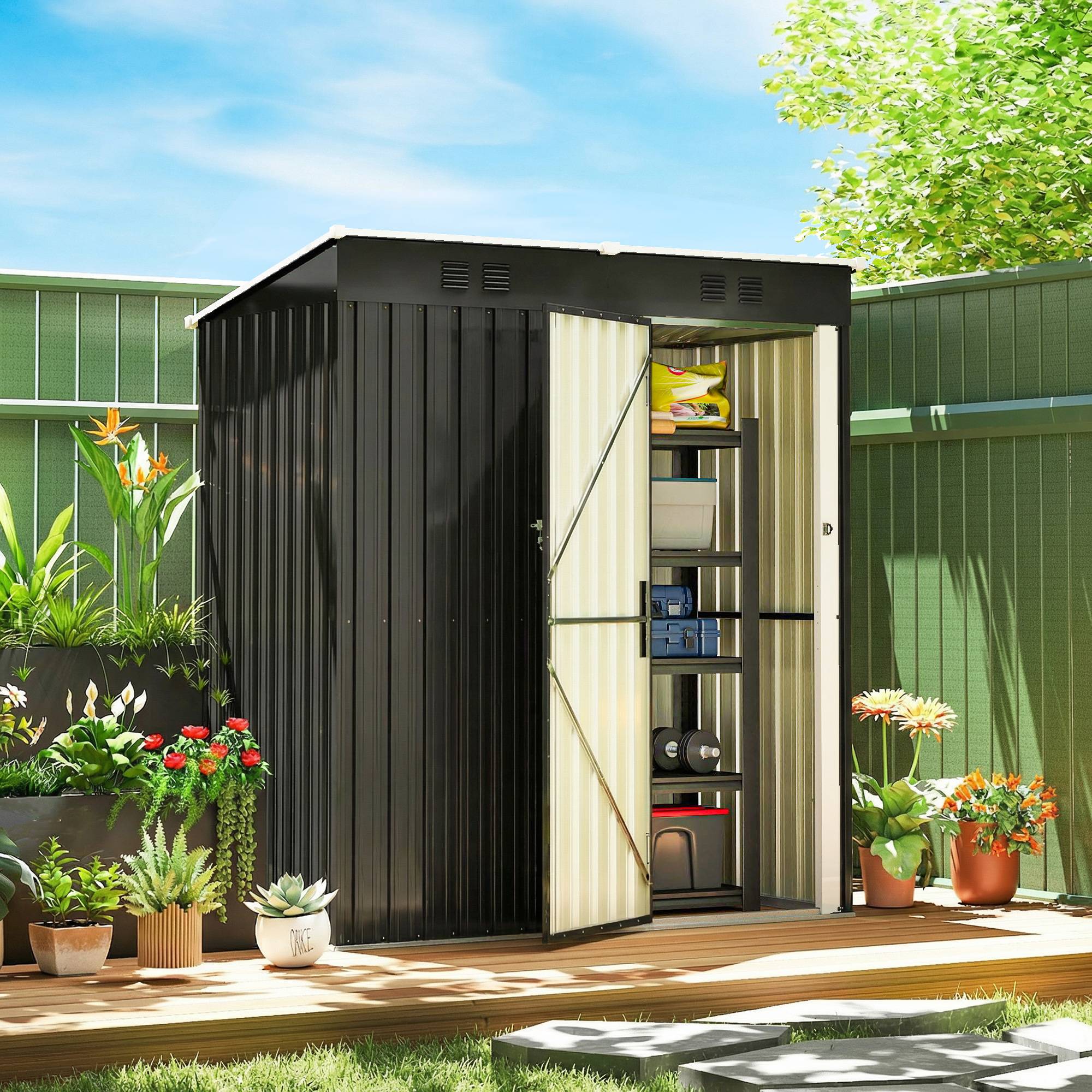 Abri de jardin métallique 1,37 m² verrouillable avec ventilation toit pentu rangement outils extérieur - Image 3