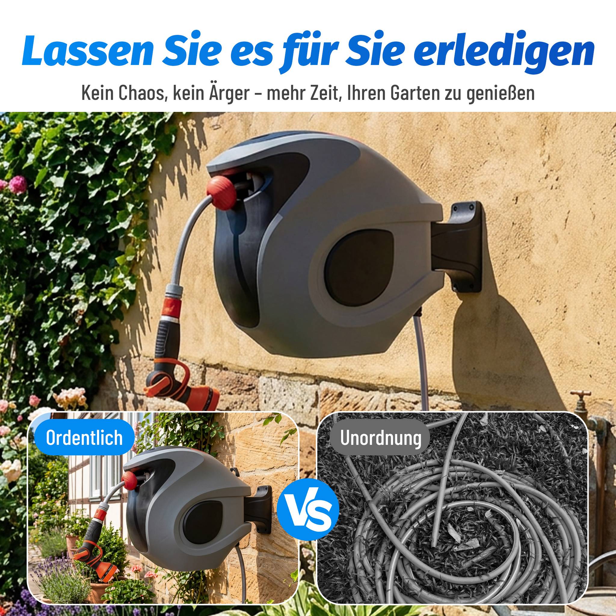 Dévidoir mural automatique plastique PP jardin pistolet 9 jets rotation 180° 30m gris rouge - ComfortXL Outdoor Living - Image 3