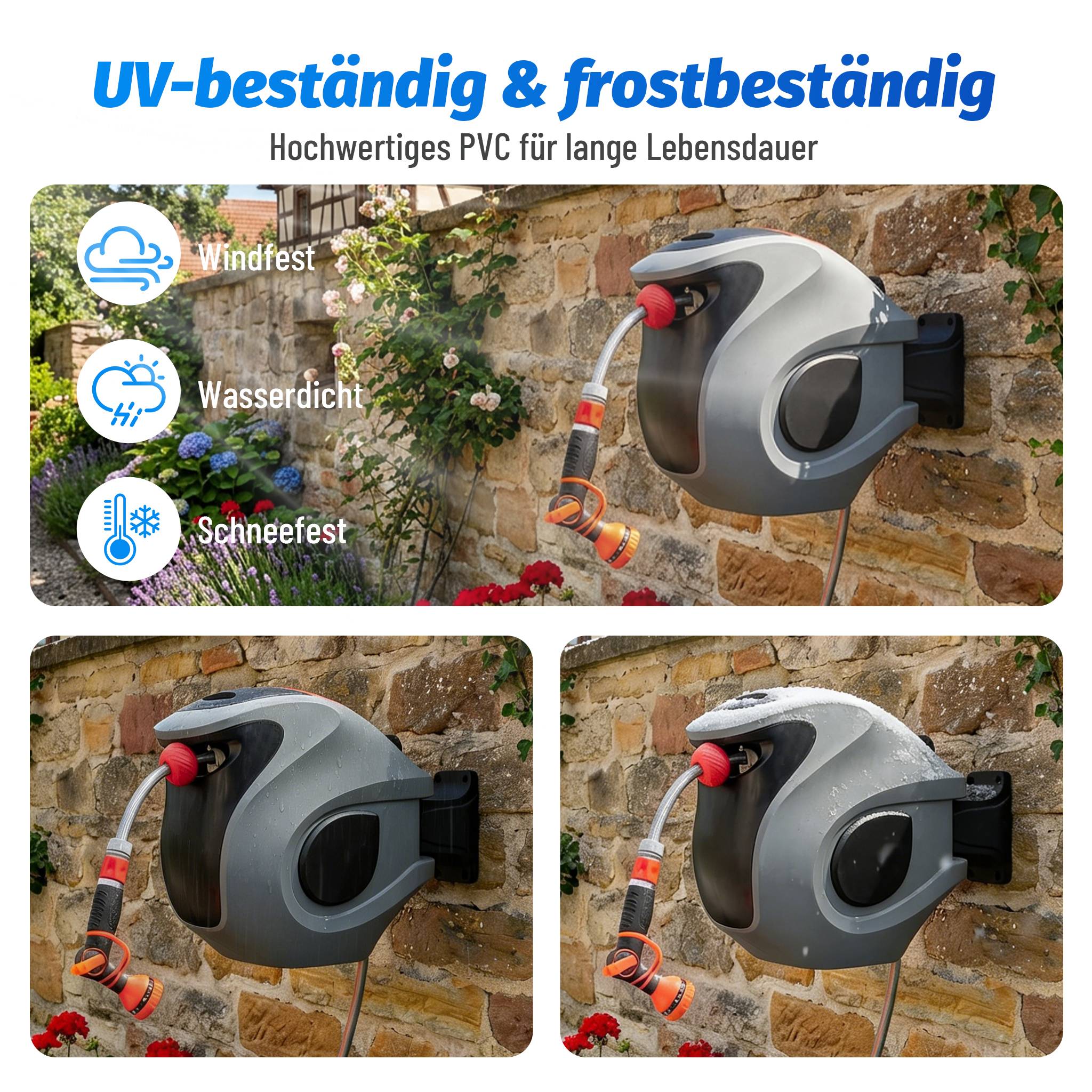 Dévidoir mural automatique plastique PP jardin pistolet 9 jets rotation 180° 30m gris rouge - ComfortXL Outdoor Living - Image 5