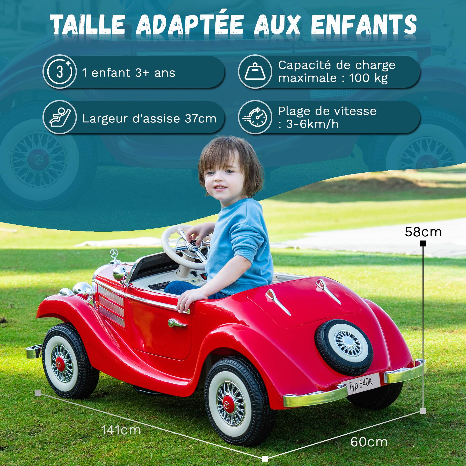 0 - Voiture électrique pour enfants Mercedes Benz Old Retro Classic 12 V - Rouge - Image 6