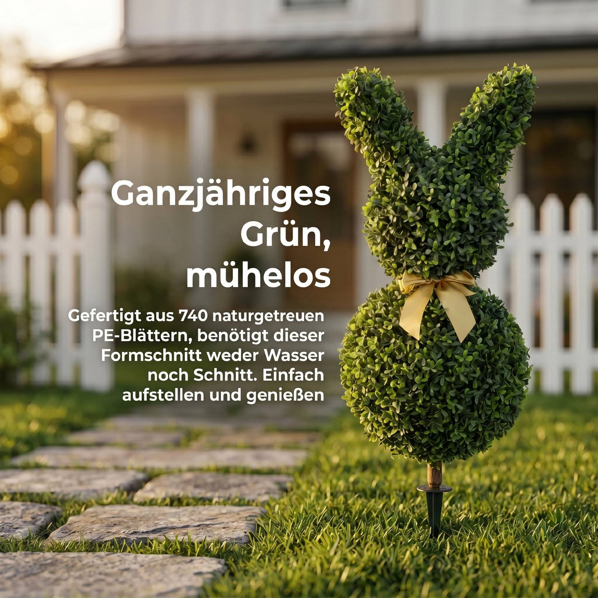 Buis artificiel en forme de lapin, 740 feuilles, intérieur/extérieur, avec ancrage sol, 83 cm, vert - Image 7