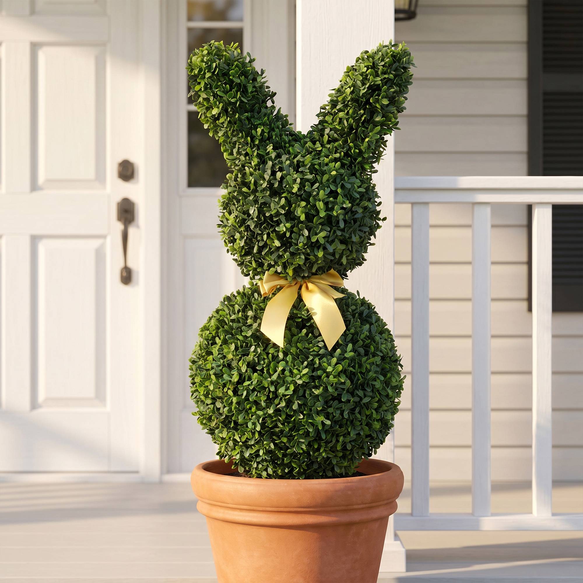 Buis artificiel en forme de lapin, 740 feuilles, intérieur/extérieur, avec ancrage sol, 83 cm, vert - Image 4