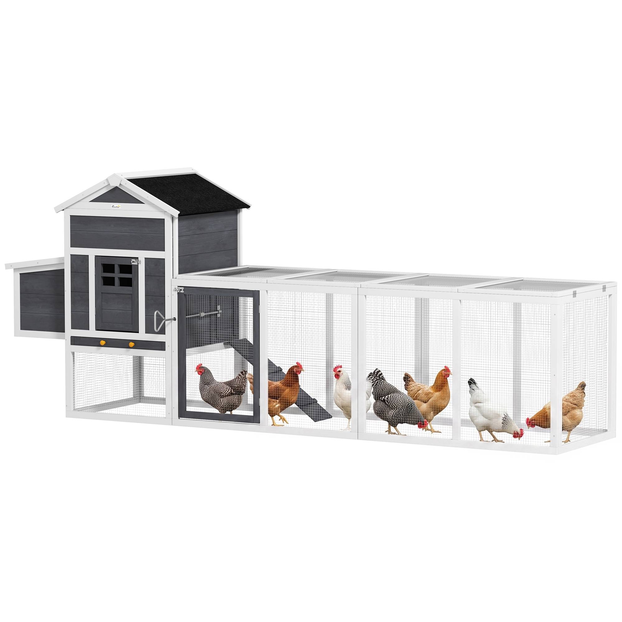 Grand poulailler en bois pour 3 à 6 poules, avec toit en asphalte, pondoir et plateau amovible, 297,5 x 68 x 118 cm, blanc et gris. - Image 1