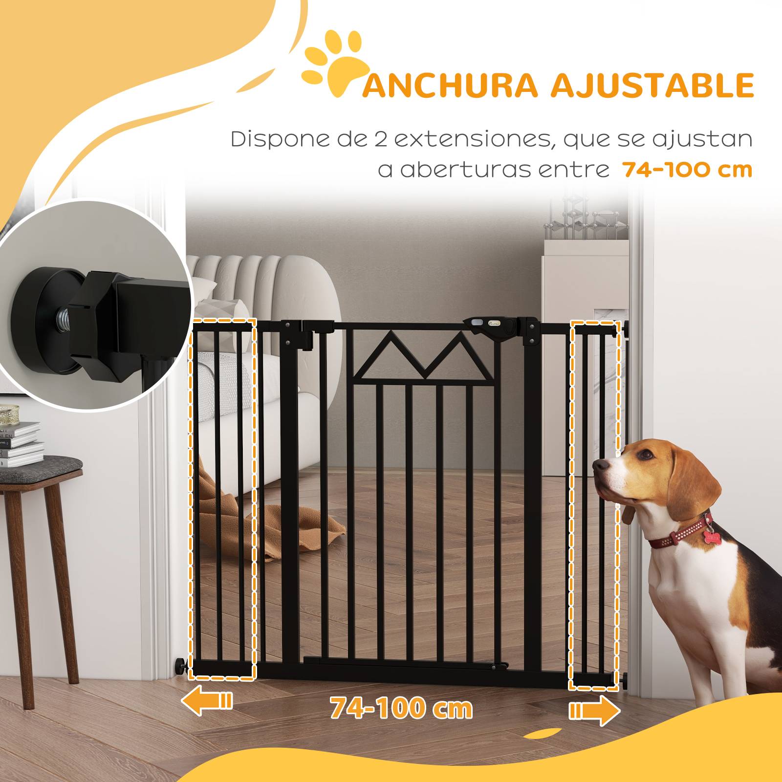Barrière extensible pour animaux avec fermeture automatique et double verrouillage 74-100 x 76 cm Noir - Image 9