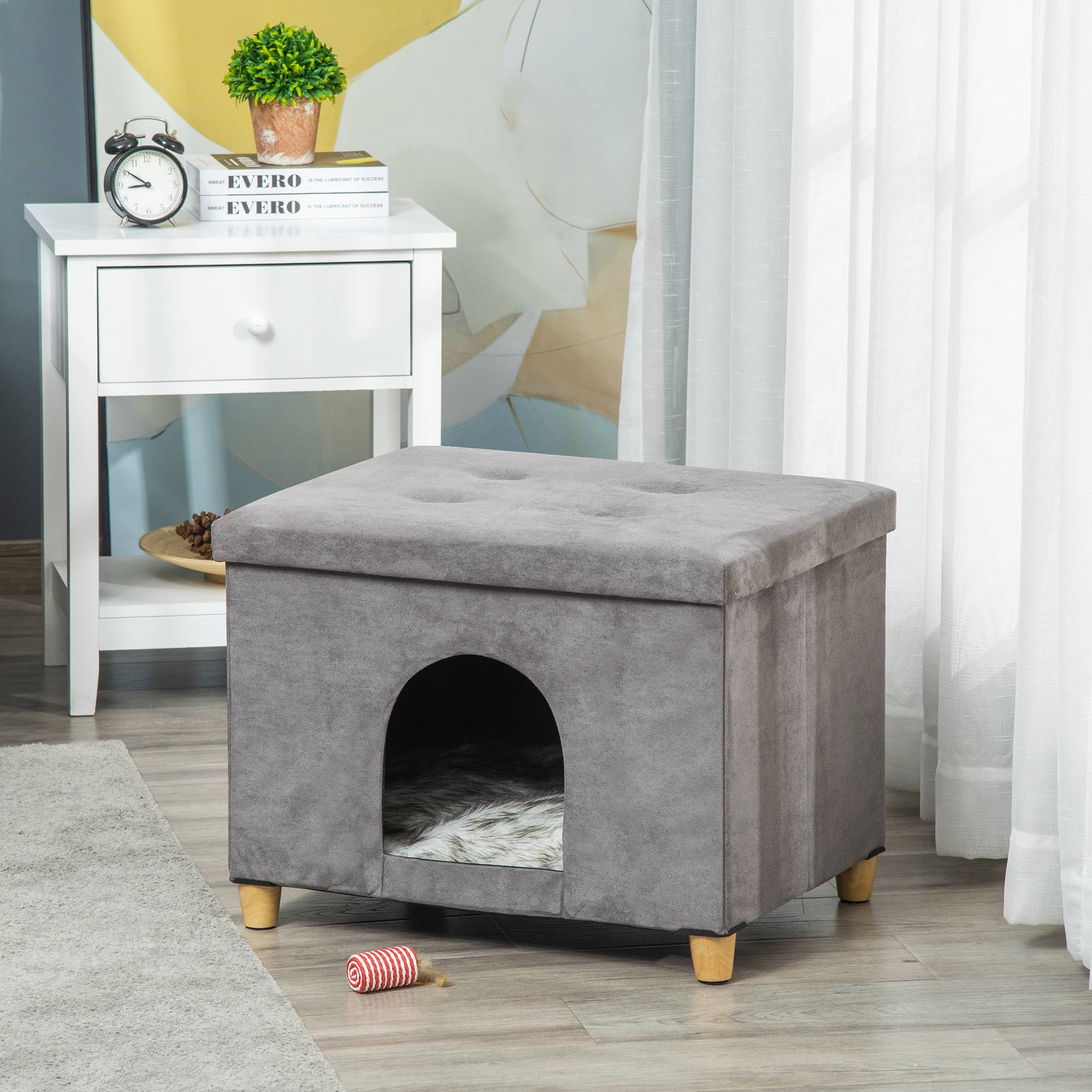 Pouf repose-pieds pour chat avec coussin amovible et lavable, gris - Image 4