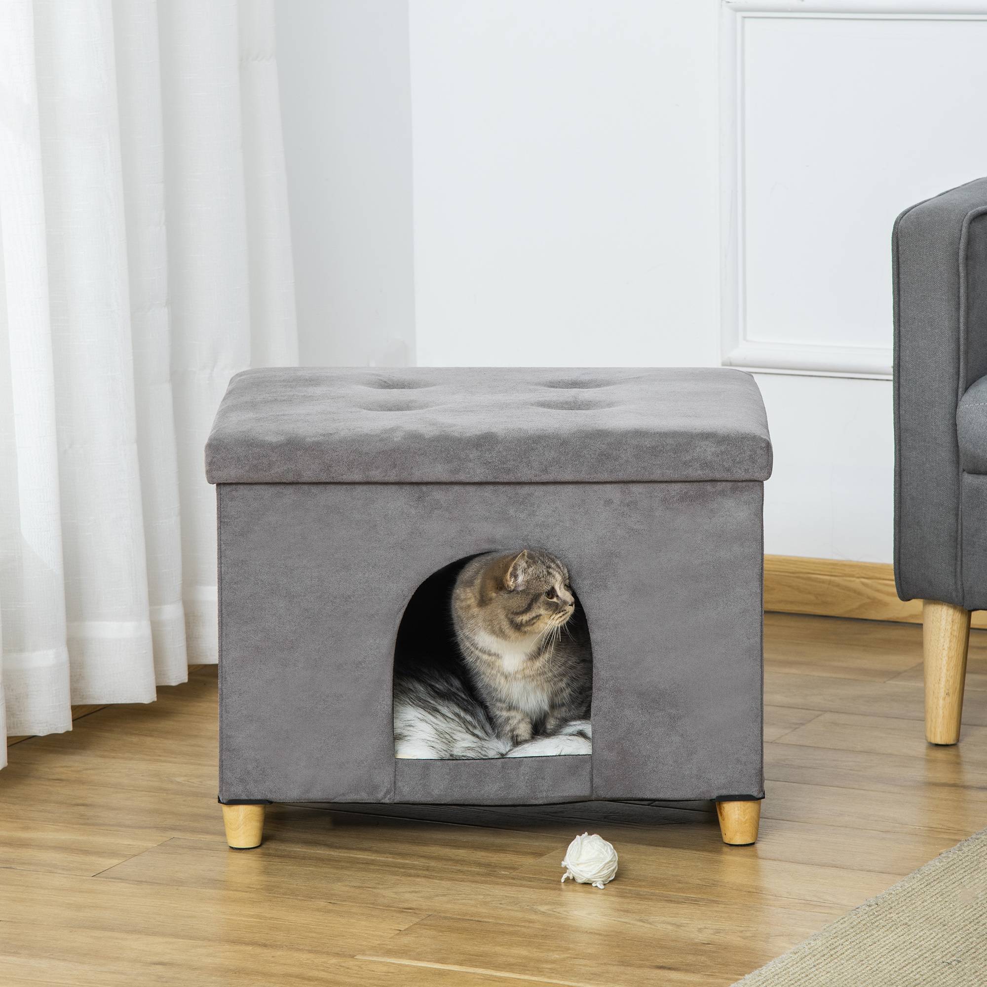 Pouf repose-pieds pour chat avec coussin amovible et lavable, gris - Image 10