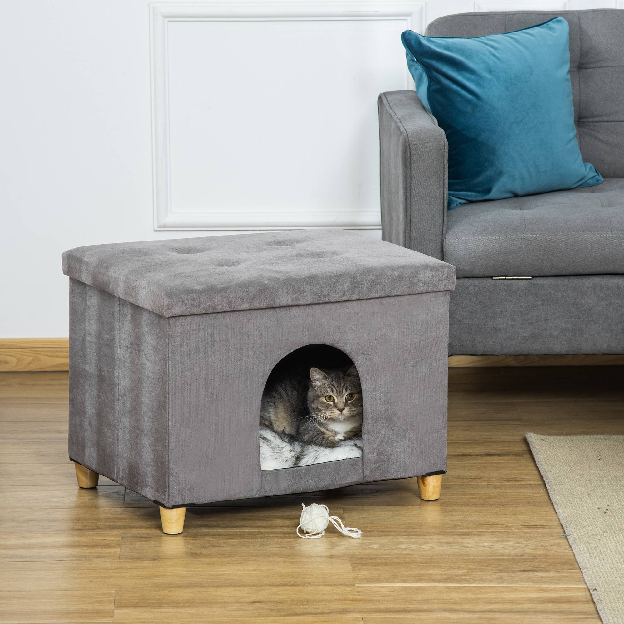 Pouf repose-pieds pour chat avec coussin amovible et lavable, gris - Image 3
