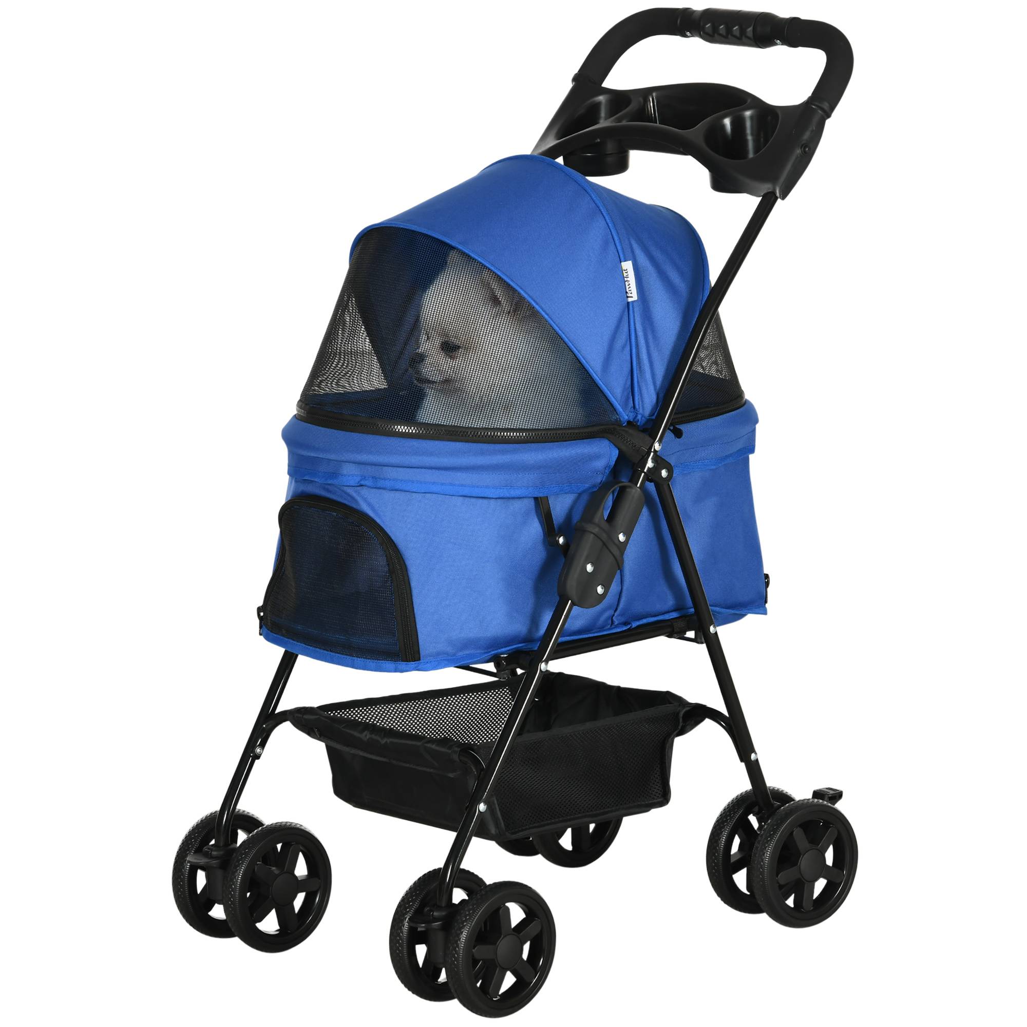 Poussette pour chien, pliable, fenêtre en filet, capote amovible, porte-gobelet, panier de rangement, structure en métal, bleue, 67 x 45 x 96 cm - Image 2