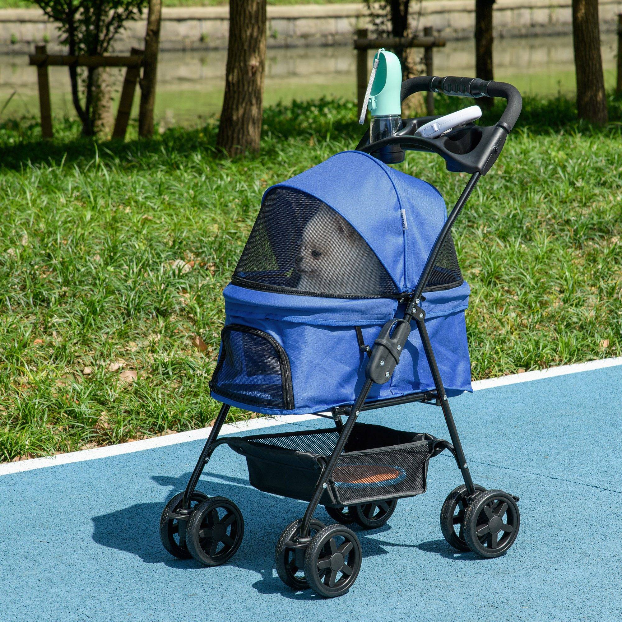 Poussette pour chien, pliable, fenêtre en filet, capote amovible, porte-gobelet, panier de rangement, structure en métal, bleue, 67 x 45 x 96 cm - Image 4