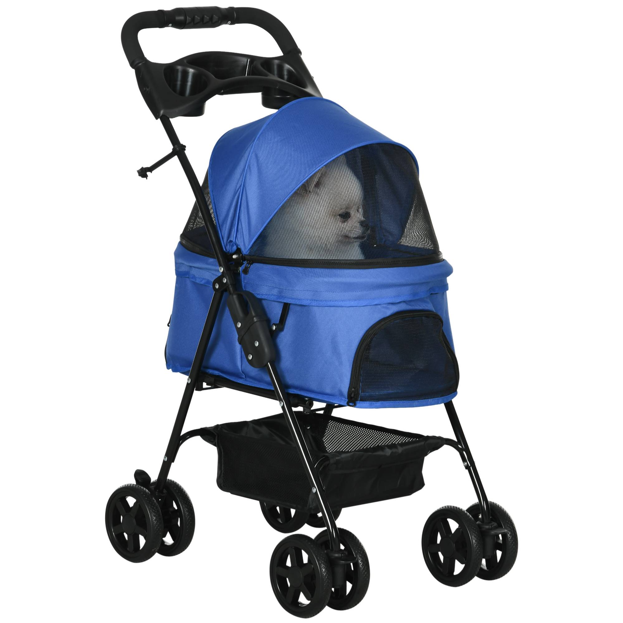 Poussette pour chien, pliable, fenêtre en filet, capote amovible, porte-gobelet, panier de rangement, structure en métal, bleue, 67 x 45 x 96 cm - Image 1