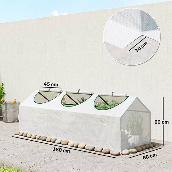 Serre de jardin mini serre 3 fenêtres enroulables couverture en PE haute densité 140 g/m² 180 x 60 x 60 cm blanc - Image 5