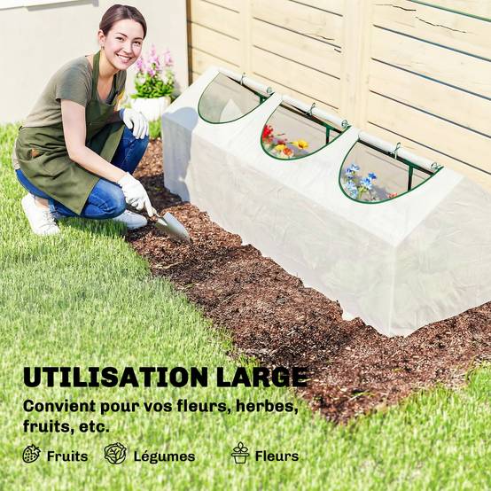 Serre de jardin mini serre 3 fenêtres enroulables couverture en PE haute densité 140 g/m² 180 x 60 x 60 cm blanc - Image 9