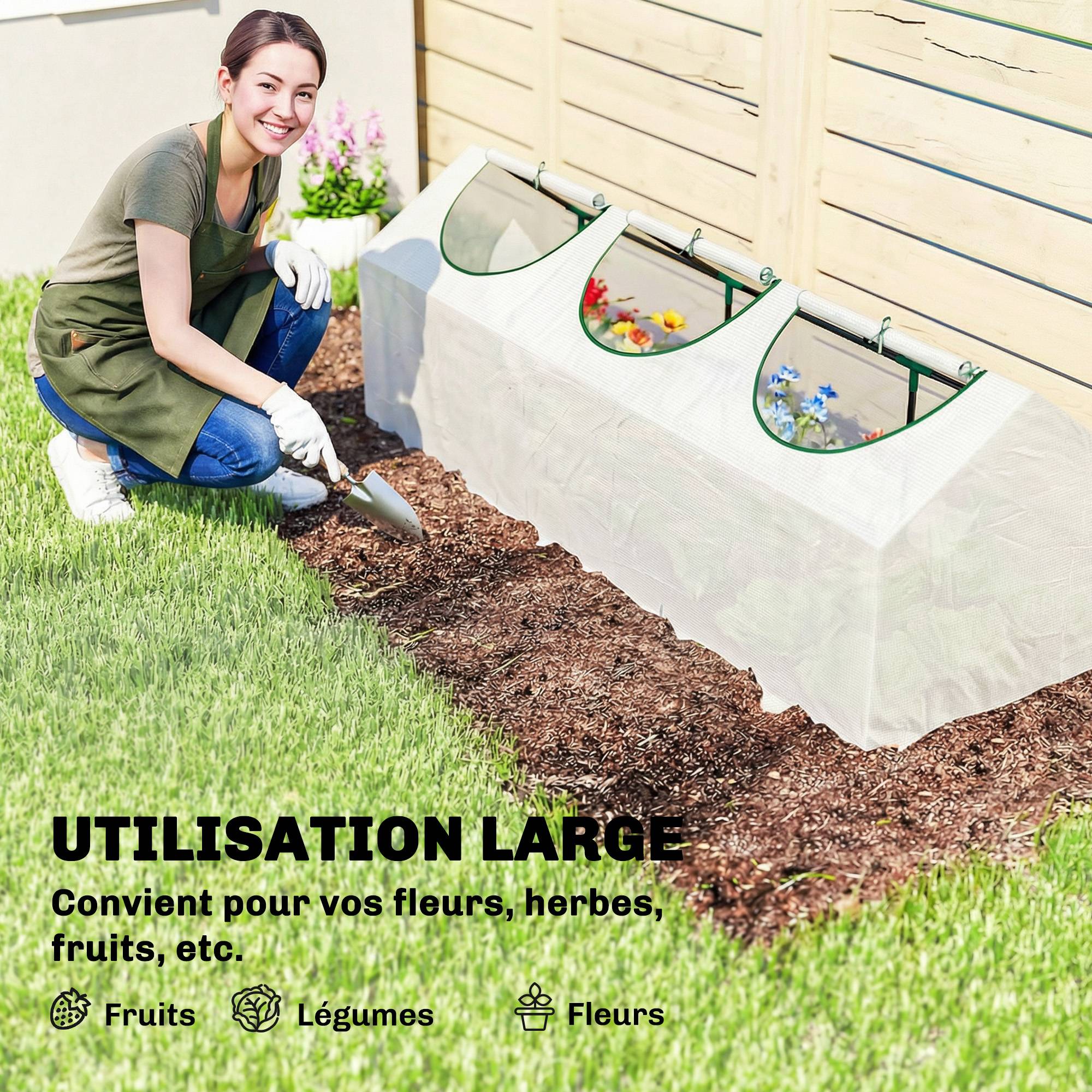 Serre de jardin mini serre 3 fenêtres enroulables couverture en PE haute densité 140 g/m² 180 x 60 x 60 cm blanc - Image 9