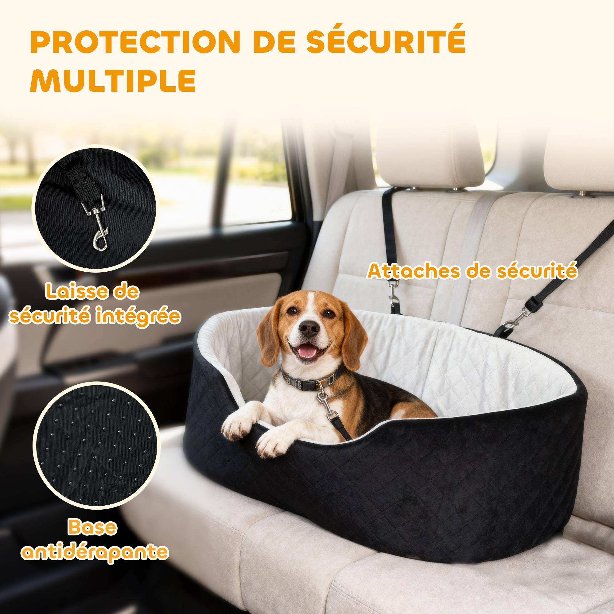 Siège auto pour chien avec ceinture de sécurité et fixation siège de voiture pour chien rembourré 77 x 43 x 28 cm noir - Image 6