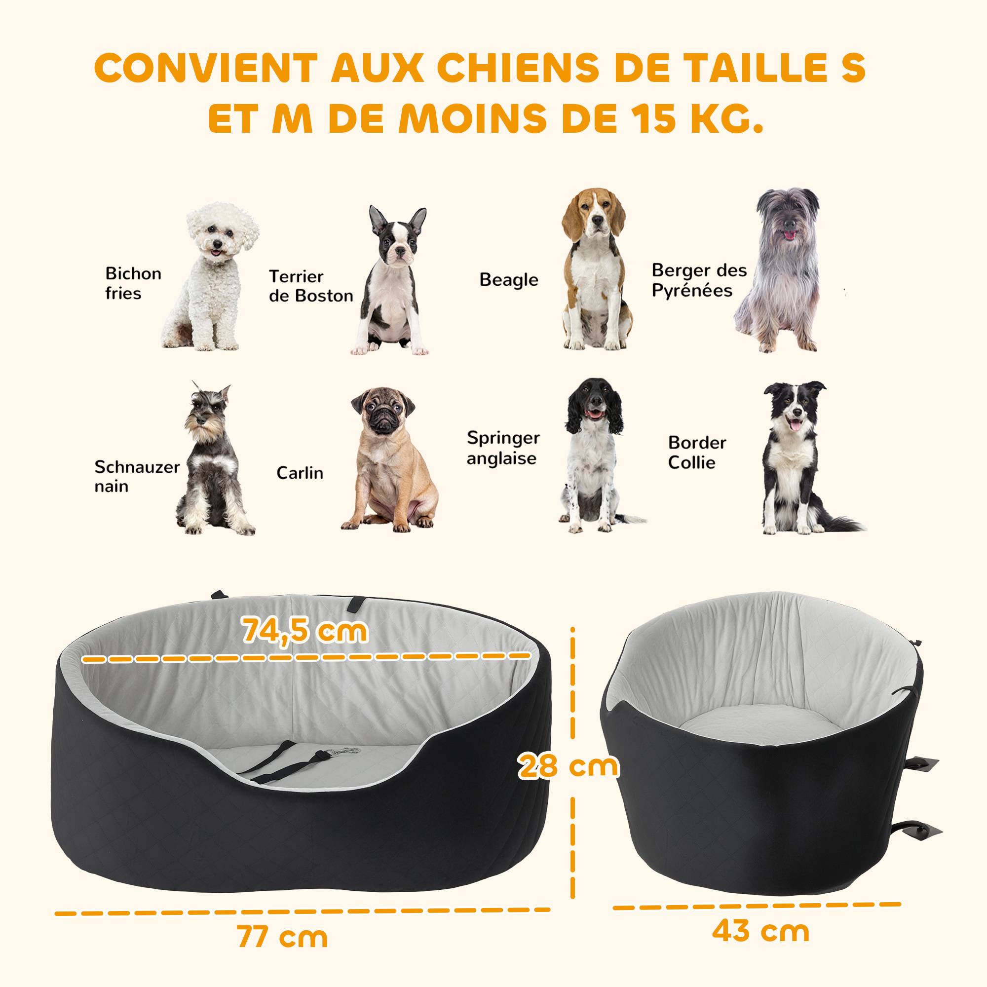 Siège auto pour chien avec ceinture de sécurité et fixation siège de voiture pour chien rembourré 77 x 43 x 28 cm noir - Image 5