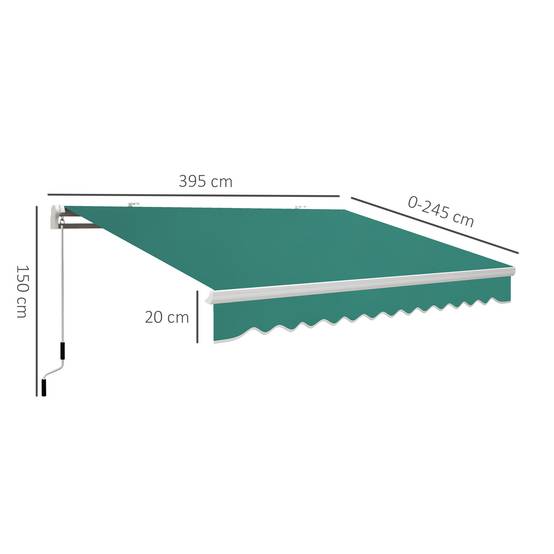 Sans Marque - Store banne manuelle 395 x 245 cm avec manivelle, pour balcon, terrasse ou patio, en aluminium et toile polyester 280 g/m², anti-UV, verte - Image 5