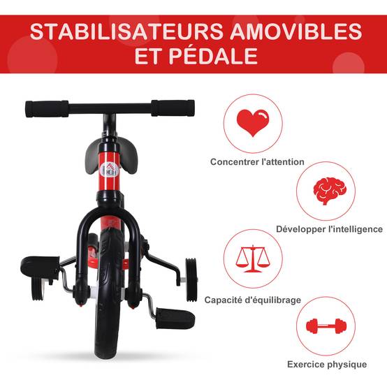 Vélo Enfant draisienne 2 en 1 roulettes et pédales Amovibles Roues 12" Hauteur Selle réglable pour enfants de 2 à 5 ans Acier Rouge - Image 8