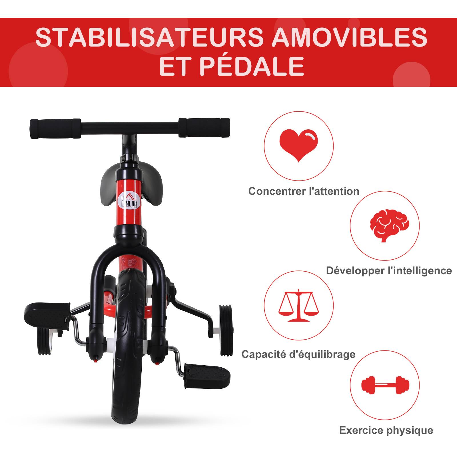 Vélo Enfant draisienne 2 en 1 roulettes et pédales Amovibles Roues 12" Hauteur Selle réglable pour enfants de 2 à 5 ans Acier Rouge - Image 8