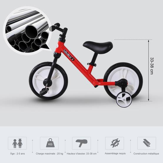 Vélo Enfant draisienne 2 en 1 roulettes et pédales Amovibles Roues 12" Hauteur Selle réglable pour enfants de 2 à 5 ans Acier Rouge - Image 7
